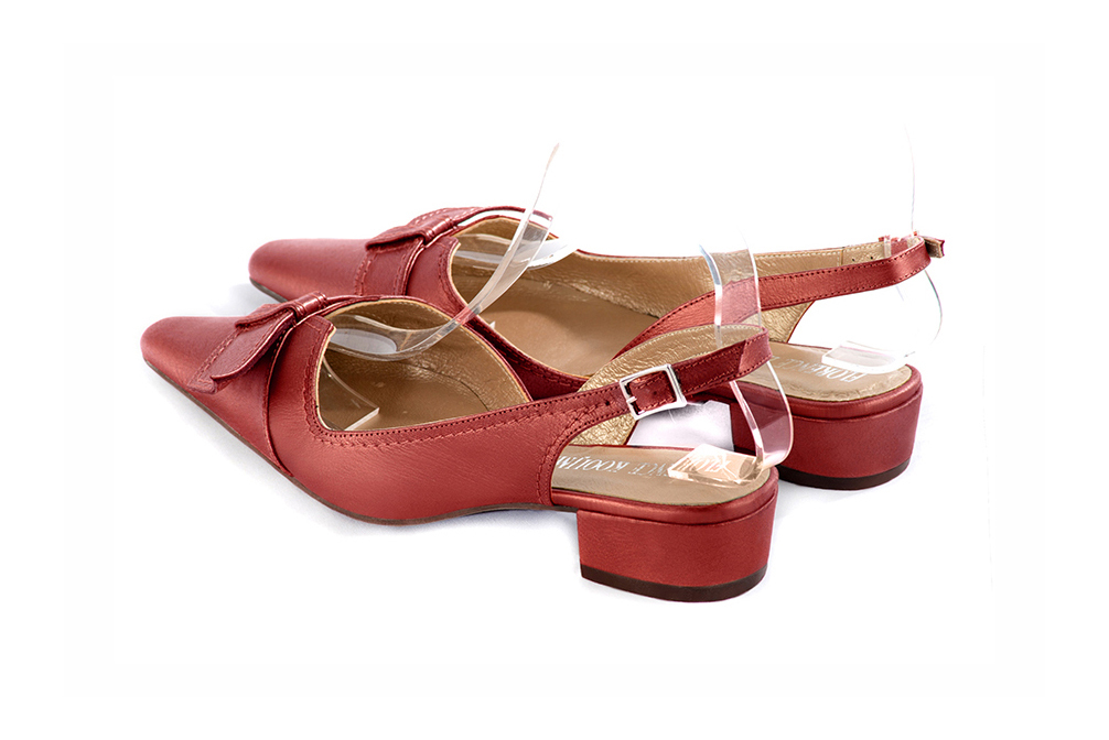 Women's cardinal red slingback dress shoes, with a knot on the front. Tapered toe. Low block heels - Rear view